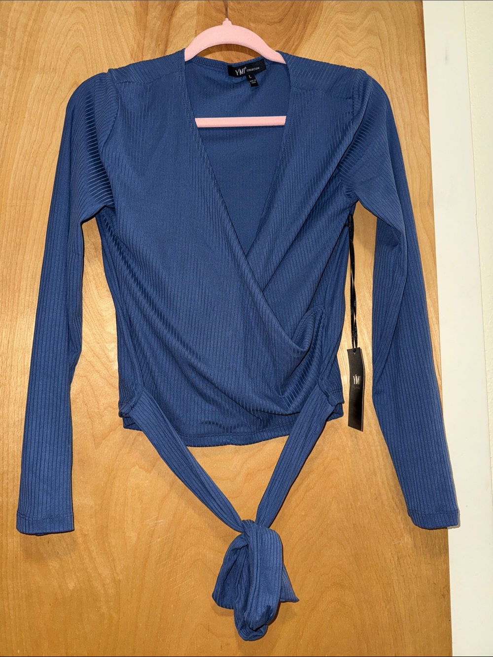 YMI Blue Ribbed Wrap Tie-Front Long Sleeve Top